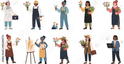 Women Professions Set with Diverse Female Characters Holding Flowers, Doctor, Artist, Gardener and Businesswoman Illustrations in Modern Flat Vector Style for Career and Lifestyle Design