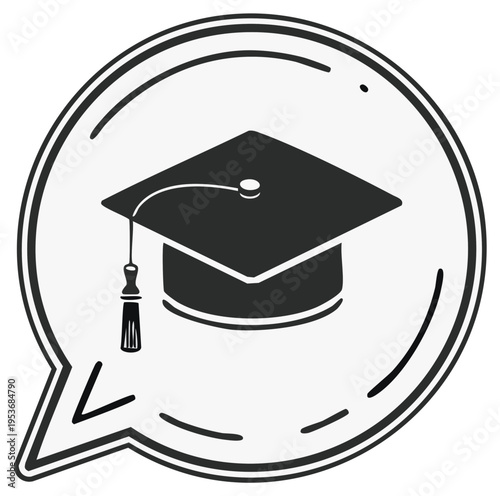 Graduation cap within chat bubble signifies education and intellectual discussions in black and white icon illustration
