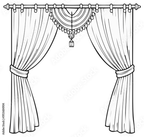 Elegant window curtains with detailed valance in black and white line art