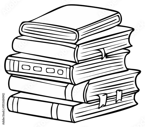 Line art stack of education books illustration drawing in black and white with simple bookmarks for education learning concepts
