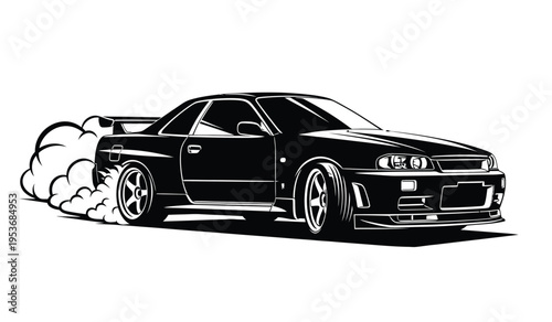 Silhouette of a sleek black sports car in motion with smoke trailing behind