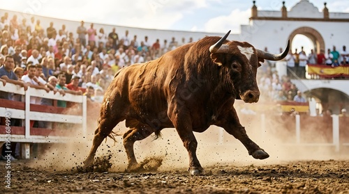 Powerful bull charging in traditional Spanish bullring arena