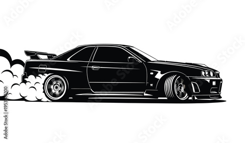 Silhouette of a sleek black sports car with smoke from tires speeding fast on a white background