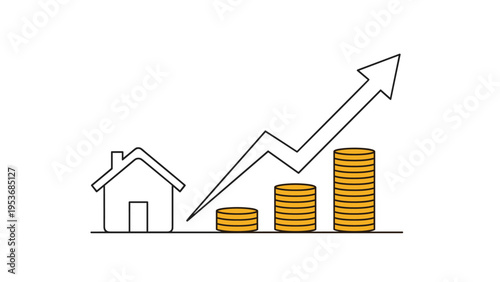Simple line drawing of a house next to rising stacks of gold coins and an upward arrow representing property appreciation.