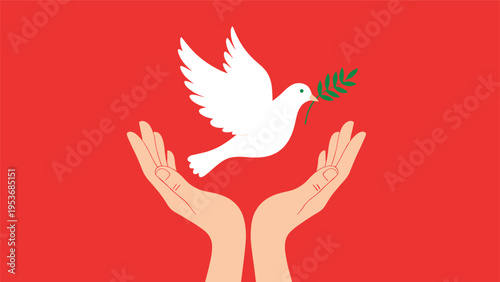 Pair of open hands reaching towards a flying white dove of peace carrying an olive branch over a bright red background.