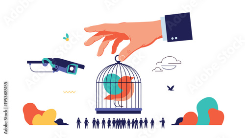 Massive hand lifting a birdcage to release a colorful bird into the sky while a group of people watch below for freedom.