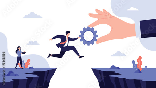 Massive hand placing a blue gear into a gap to help a jumping businessman reach the other side of a rocky cliff.
