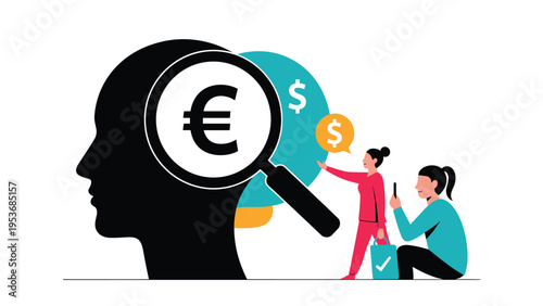 Large silhouette of a human head with a magnifying glass focused on a euro symbol surrounded by financial icons.