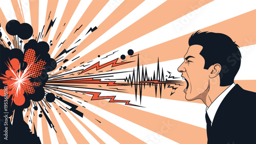 Intense illustration of a man shouting loudly with sound waves transforming into a massive orange and black explosion.