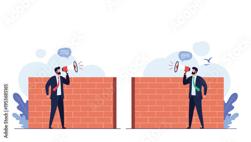 Two business men shouting at each other through megaphones while standing behind separate red brick walls for isolation.