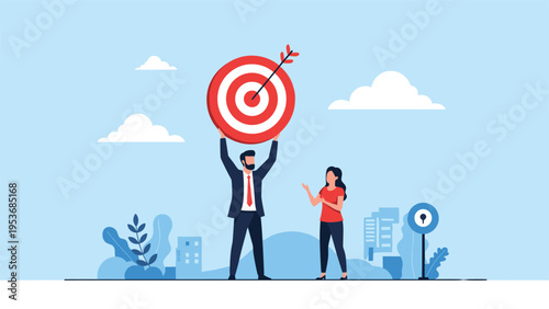 Businessman holding a large bullseye target with an arrow above his head while discussing goals with a female colleague.