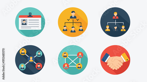 Set of six colorful circular icons illustrating various corporate organizational structures and business networking links.