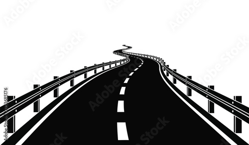 Silhouette of a winding road with guardrails on a white background
