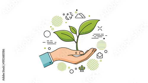Environmental sustainability and eco friendly growth concept featuring human hand holding a green sprouting plant.