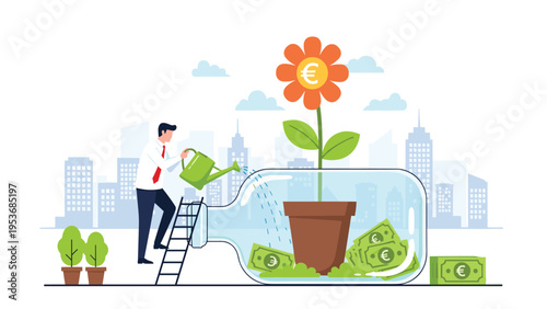 Financial investment growth and saving money concept with businessman watering plant inside jar filled with currency.
