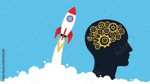 Powerful white rocket launching with smoke and fire next to a silhouette of a human head filled with gold gears.