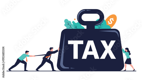Group of business people struggling to push and pull a massive heavy weight labeled tax representing financial burden and debt.