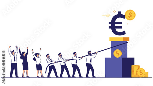 Diverse team of business professionals working together to lift a giant euro symbol using a rope in a collaborative effort.