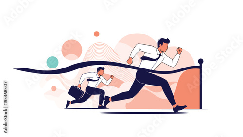 Businessmen competing in a foot race towards a finish line tape symbolizing corporate competition and career advancement goals.