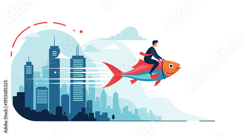 Businessman in a suit riding a giant colorful flying fish high above a modern blue cityscape with skyscrapers.