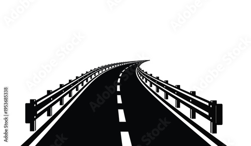 Silhouette of a long straight road with guardrails stretching into the distance on a white background