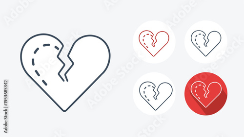 Collection of broken heart line icons featuring a stitched repair path representing emotional recovery and healing processes.