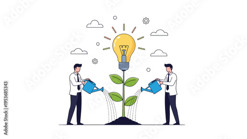 Two business professionals watering a growing plant with a light bulb representing the nurturing of new creative ideas and innovation.