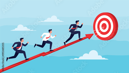 Team of business professionals running up a rising red arrow towards a bullseye target symbolizing goal achievement and success.