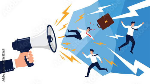 Massive megaphone held by a hand blasting bolts of lightning at a group of terrified business people running for cover.