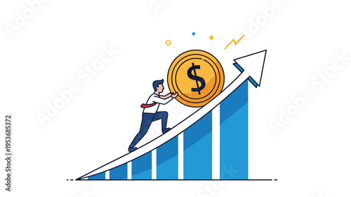 Determined businessman pushing a large golden dollar coin up a rising bar graph indicating financial growth and investment.