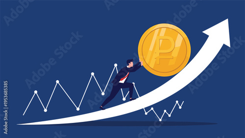 Businessman exerting great effort to push a massive golden ruble coin up a rising economic graph against a dark blue sky.