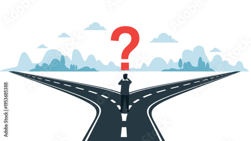 Man standing at a fork in a long road with a large red question mark above his head while considering future life choices.