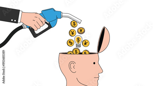 Gas station fuel nozzle pouring various gold currency coins into an open human head symbolizing knowledge as a resource.