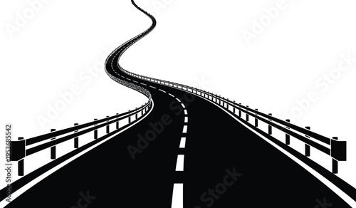 Silhouette of a winding road with guardrails on a white background