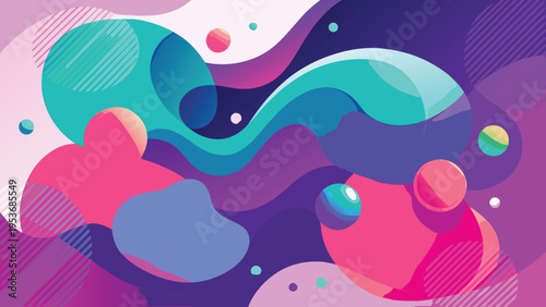 Abstract fluid shapes and vibrant colors create a dynamic composition