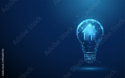 3d light bulb with home icon inside. Smart home innovation, idea for housing solutions, real estate technology, intelligent living concept, connected home systems concept.