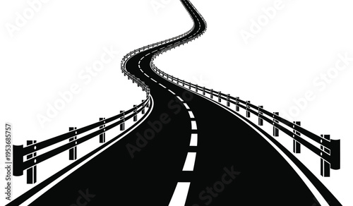 Silhouette of a winding road with guardrails on a white background