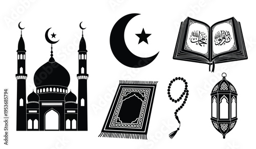Islamic symbols and silhouette illustrations including mosque crescent moon star quran rosary and lantern