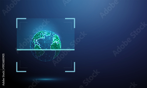 3d globe inside digital scanning frame. Geospatial analysis, global data inspection, location verification, environmental scanning, planetary information assessment concept.