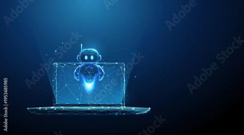 3d robot flying above laptop AI assistant interaction, smart agent support, automated workflow management, digital productivity tool, virtual helper for tasks concept