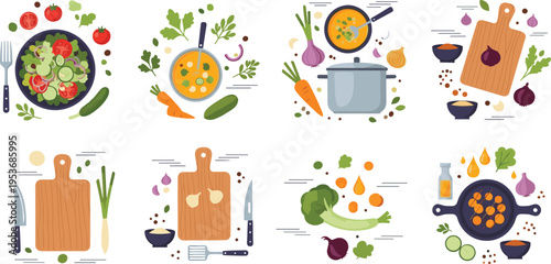 Healthy Cooking Process Set with Fresh Vegetables, Kitchen Utensils and Meal Preparation Scenes, Organic Food Recipes Collection in Flat Vector Illustration Style