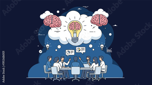 Team of business professionals in a meeting with giant brain icons and a central lightbulb cloud symbolizing creative brainstorming.