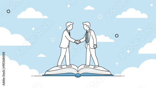 Two corporate executives shaking hands while standing atop an open book against a bright blue sky with white clouds.