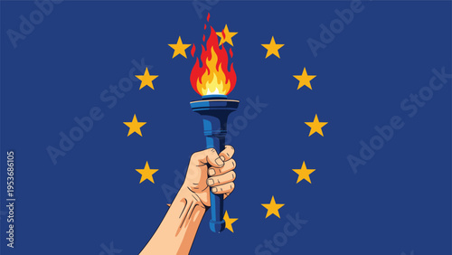 Human hand holding a flaming blue torch in front of the European Union flag with twelve golden stars in a circle.