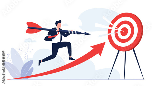 Ambitious businessman jumping over rising arrow holding large dart aimed at red bullseye representing success and achievement.