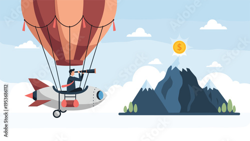 Businessman in a rocket-powered hot air balloon using a telescope to look at a large gold coin on a distant snowy mountain peak.