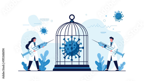 Medical professionals with large syringes standing next to a virus contained in birdcage symbolizing pandemic control and vaccination.