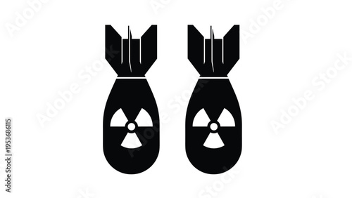 Silhouettes of two nuclear bombs with radioactive symbols on plain white background representing the global threat of mass destruction.