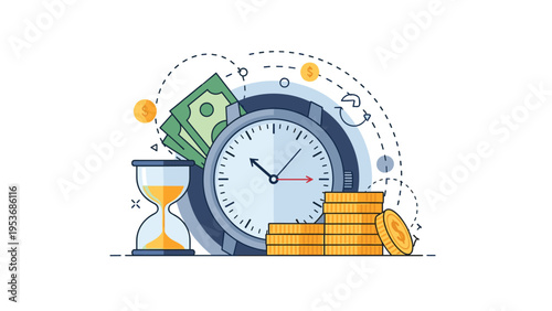 Large clock surrounded by stacks of gold coins, green cash, and an hourglass representing the high value of time in business.