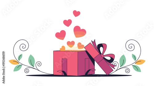 Pink gift box opening to release numerous red hearts surrounded by delicate floral swirls on white background representing love and care.